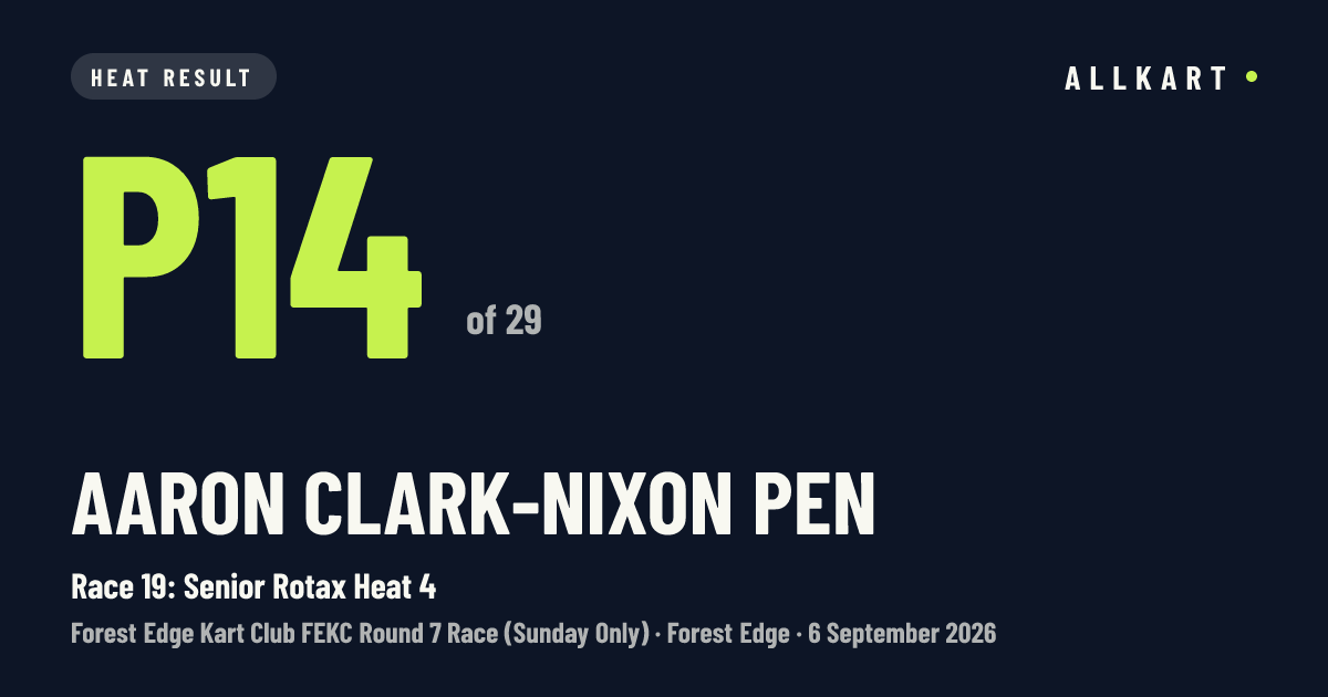 Aaron Clark-nixon pen: P14 of 29 in Race 19: Senior Rotax Heat 4 at Forest Edge