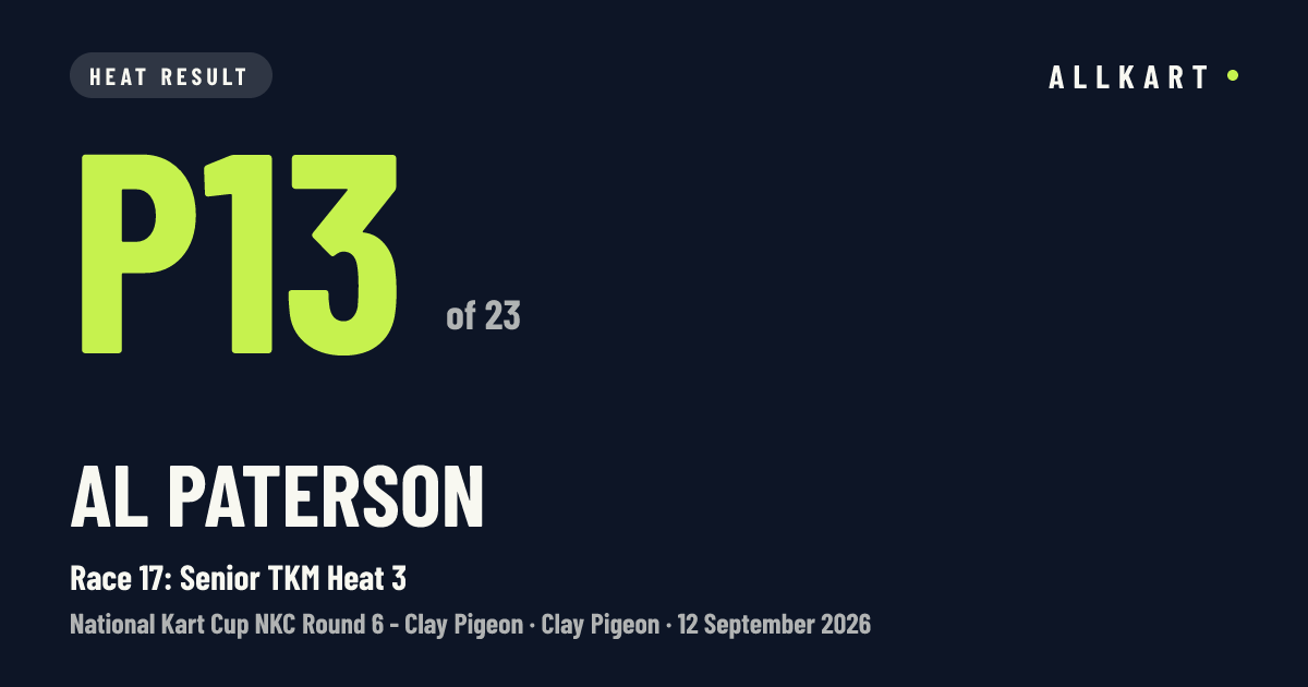 Al Paterson: P13 of 23 in Race 17: Senior TKM Heat 3 at Clay Pigeon