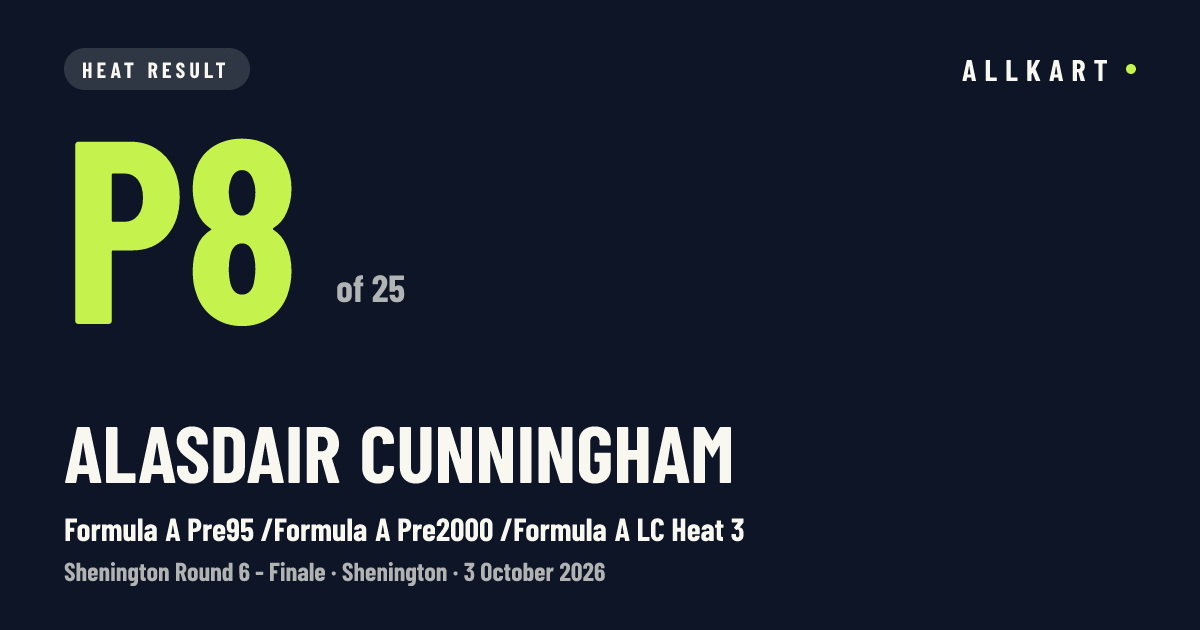 Alasdair Cunningham: P8 of 25 in Formula A Pre95 /Formula A Pre2000 /Formula A LC Heat 3 at Shenington