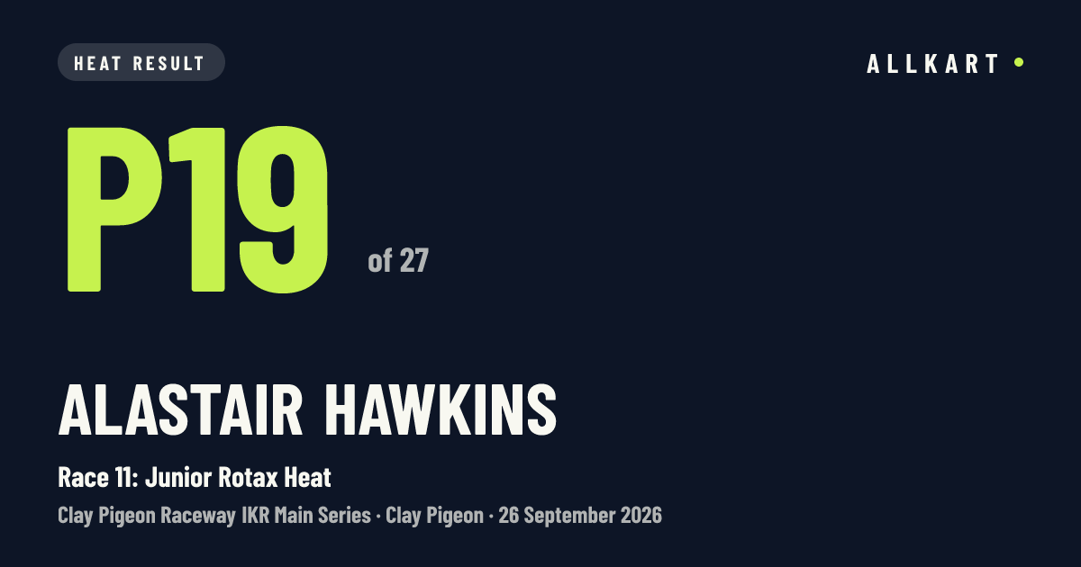 Alastair Hawkins: P19 of 27 in Race 11: Junior Rotax Heat at Clay Pigeon