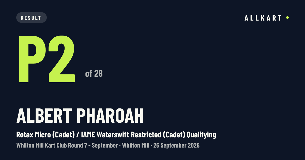Albert PHAROAH: P2 of 28 in Rotax Micro (Cadet) / IAME Waterswift Restricted (Cadet) Qualifying at Whilton Mill
