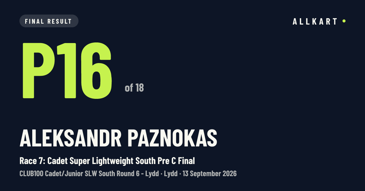 Aleksandr Paznokas: P16 of 18 in Race 7: Cadet Super Lightweight South Pre C Final at Lydd