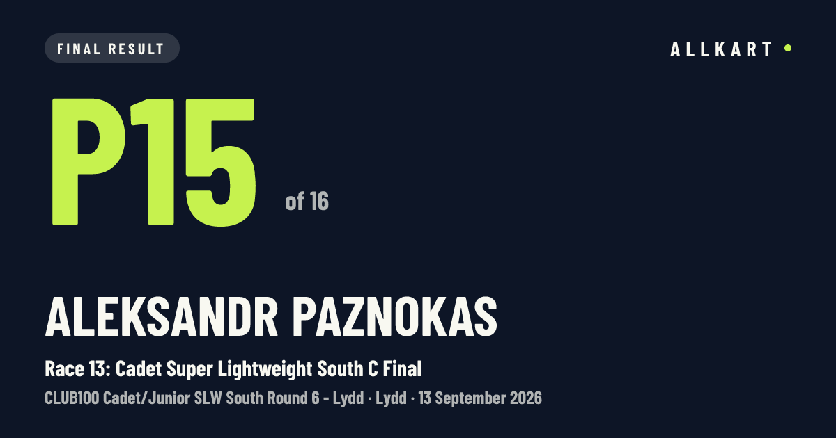 Aleksandr Paznokas: P15 of 16 in Race 13: Cadet Super Lightweight South C Final at Lydd
