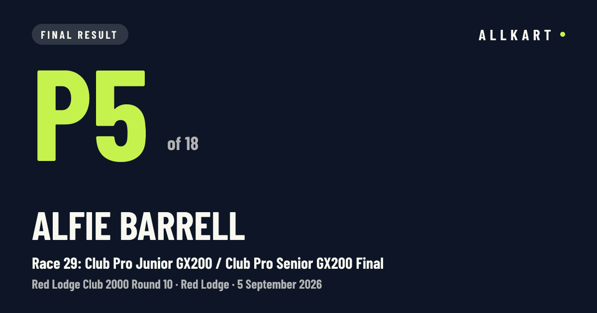 Alfie Barrell: P5 of 18 in Race 29: Club Pro Junior GX200 / Club Pro Senior GX200 Final at Red Lodge