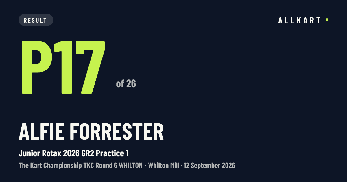 Alfie Forrester: P17 of 26 in Junior Rotax 2026 GR2 Practice 1 at Whilton Mill