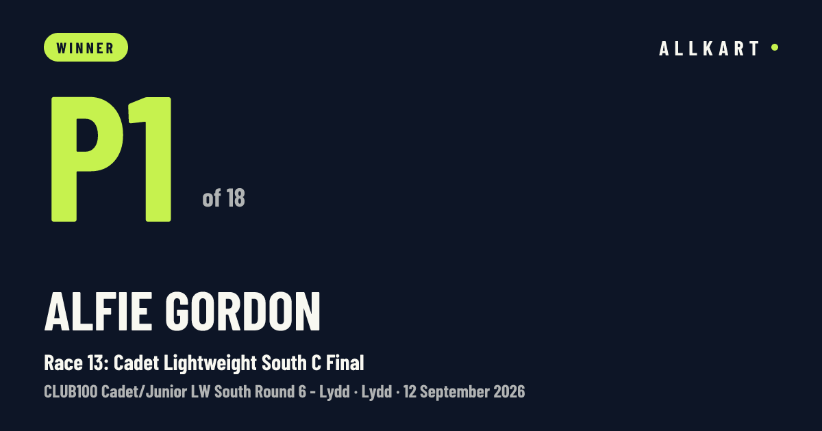 Alfie Gordon: P1 of 18 in Race 13: Cadet Lightweight South C Final at Lydd
