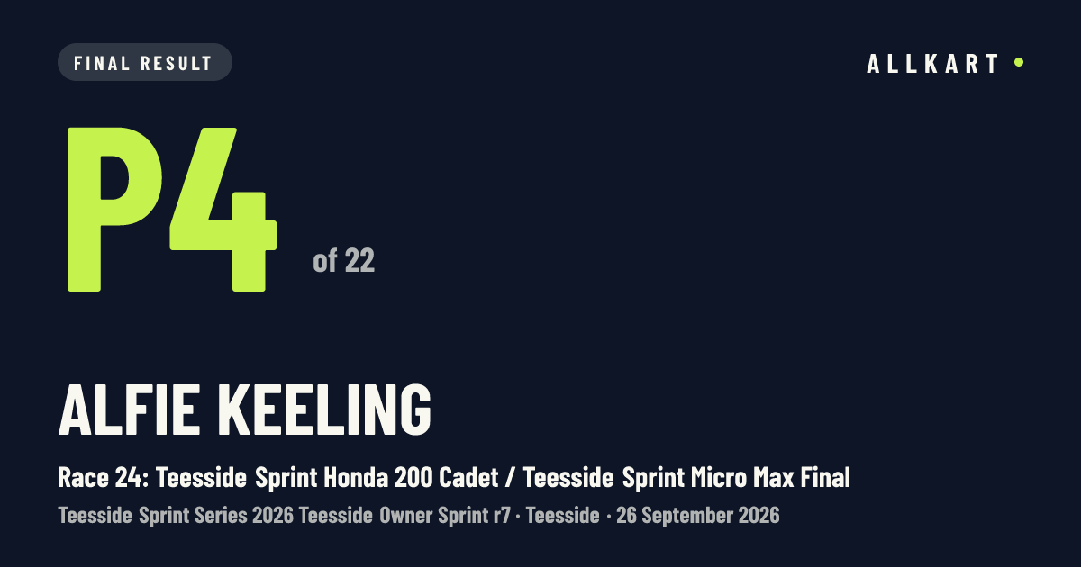 Alfie Keeling: P4 of 22 in Race 24: Teesside Sprint Honda 200 Cadet / Teesside Sprint Micro Max Final at Teesside
