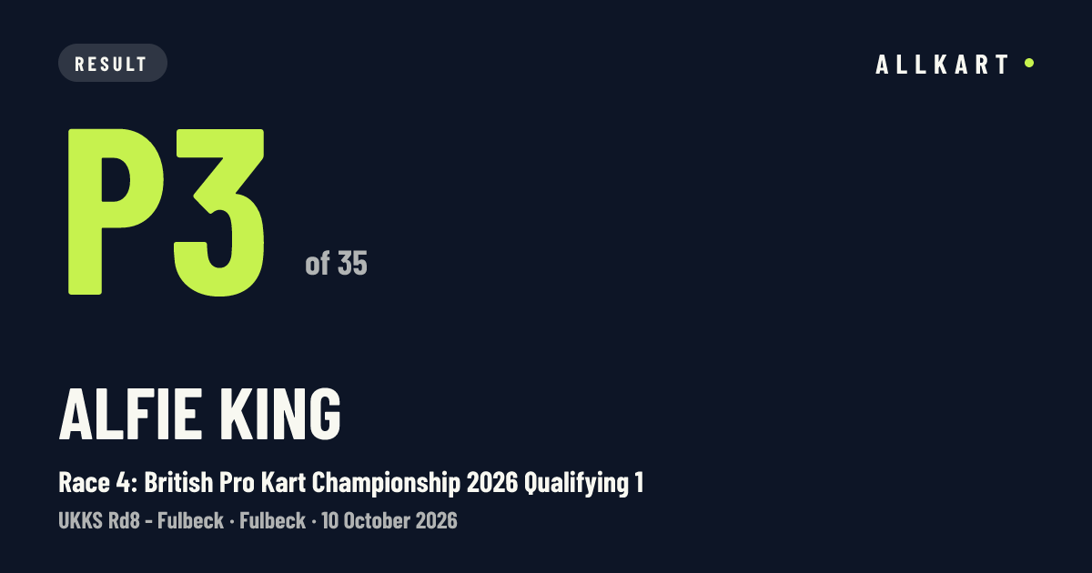 Alfie King: P3 of 35 in Race 4: British Pro Kart Championship 2026 Qualifying 1 at Fulbeck