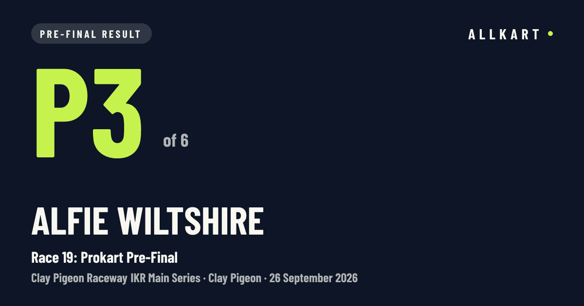 Alfie Wiltshire: P3 of 6 in Race 19: Prokart Pre-Final at Clay Pigeon