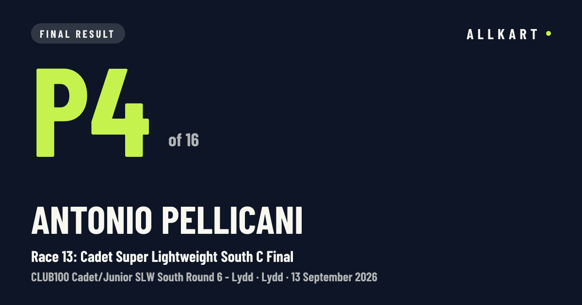 Antonio Pellicani: P4 of 16 in Race 13: Cadet Super Lightweight South C Final at Lydd