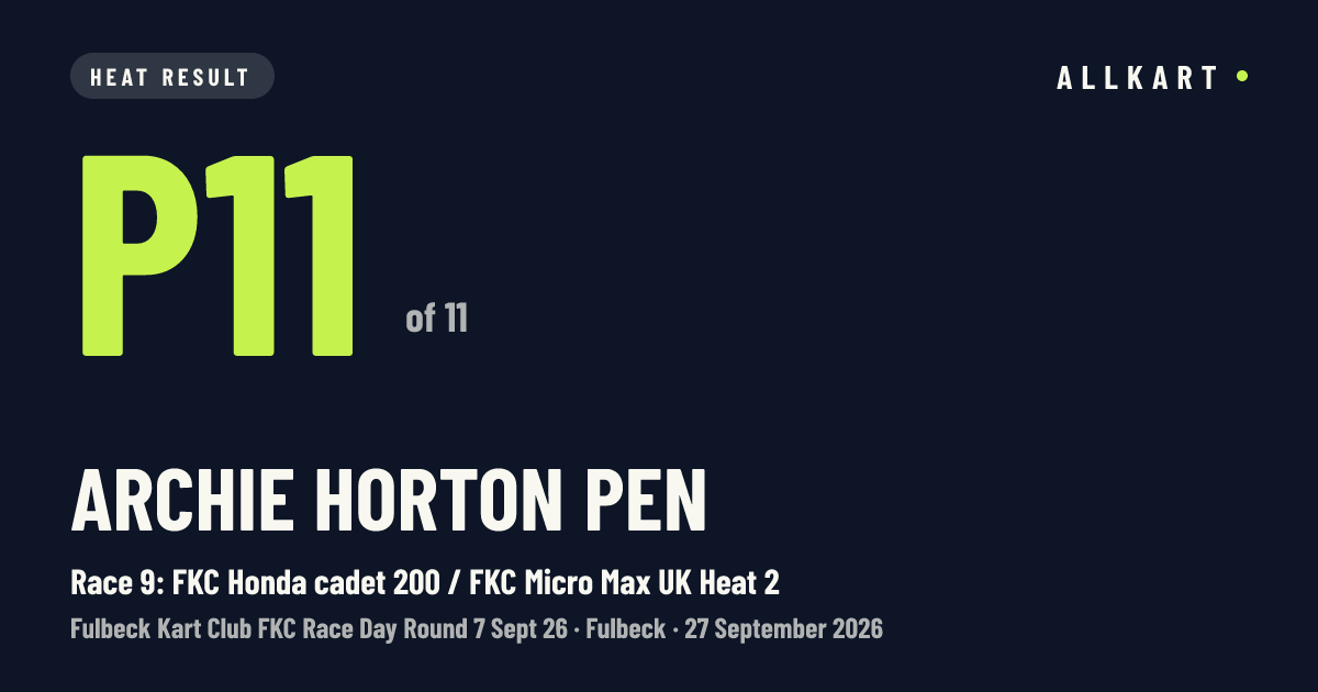 Archie Horton pen: P11 of 11 in Race 9: FKC Honda cadet 200 / FKC Micro Max UK Heat 2 at Fulbeck