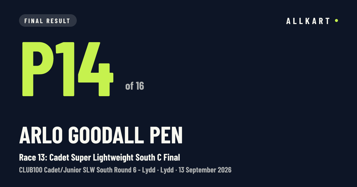 Arlo Goodall pen: P14 of 16 in Race 13: Cadet Super Lightweight South C Final at Lydd