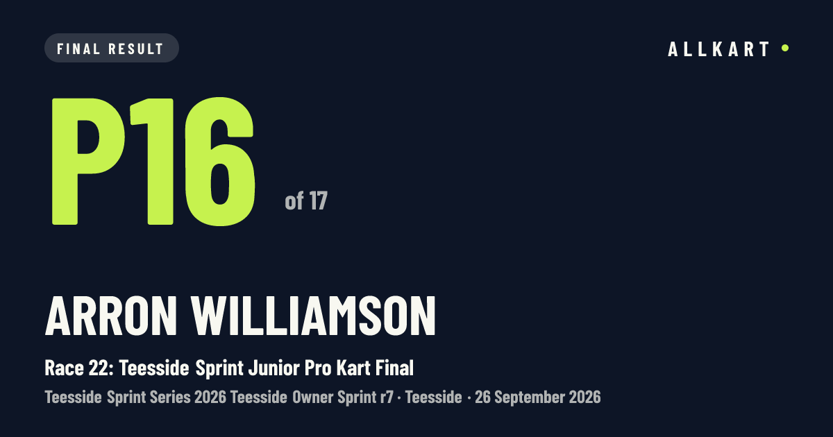 Arron Williamson: P16 of 17 in Race 22: Teesside Sprint Junior Pro Kart Final at Teesside