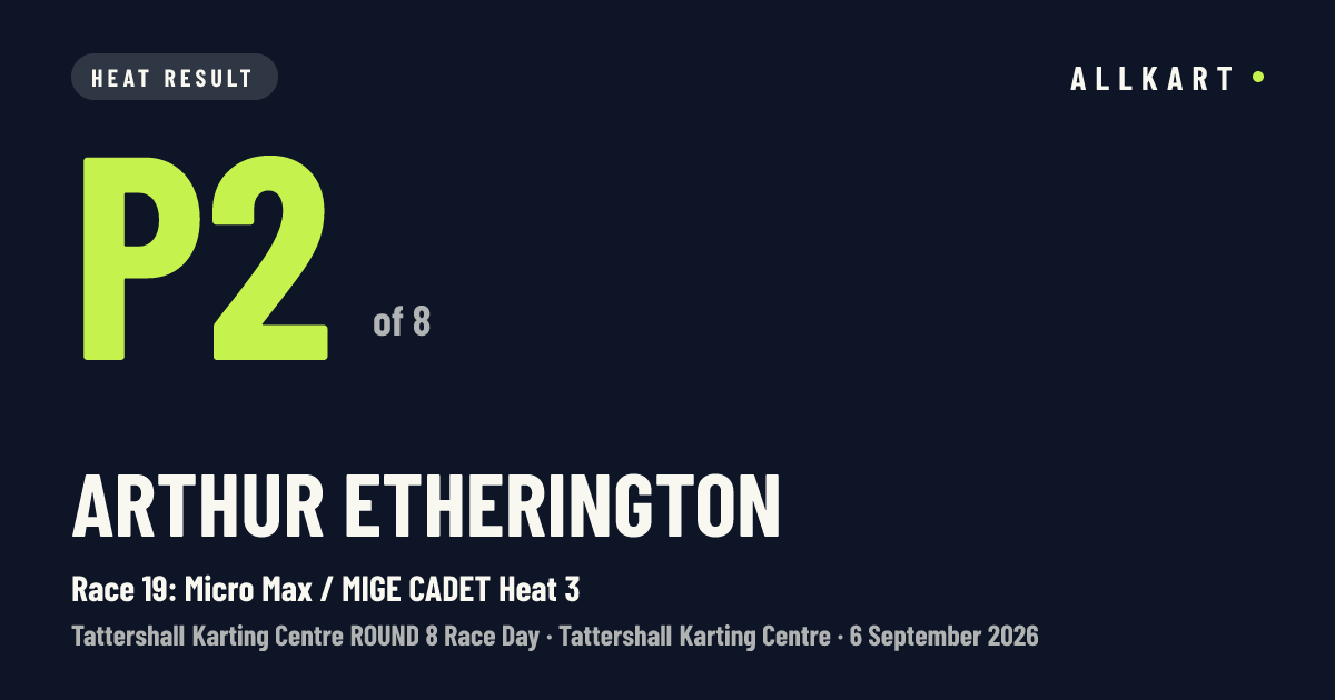 Arthur Etherington: P2 of 8 in Race 19: Micro Max / MIGE CADET Heat 3 at Tattershall Karting Centre