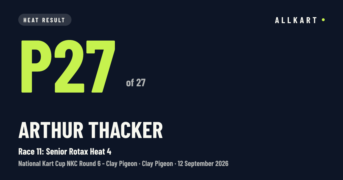 Arthur Thacker: P27 of 27 in Race 11: Senior Rotax Heat 4 at Clay Pigeon