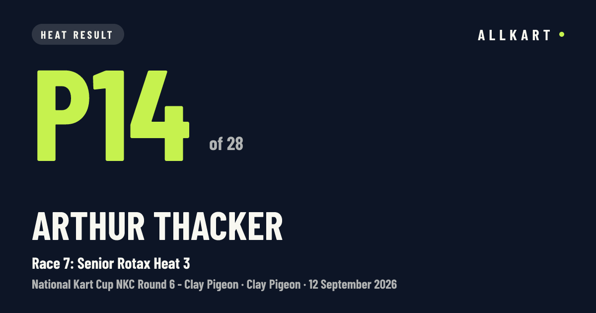 Arthur Thacker: P14 of 28 in Race 7: Senior Rotax Heat 3 at Clay Pigeon