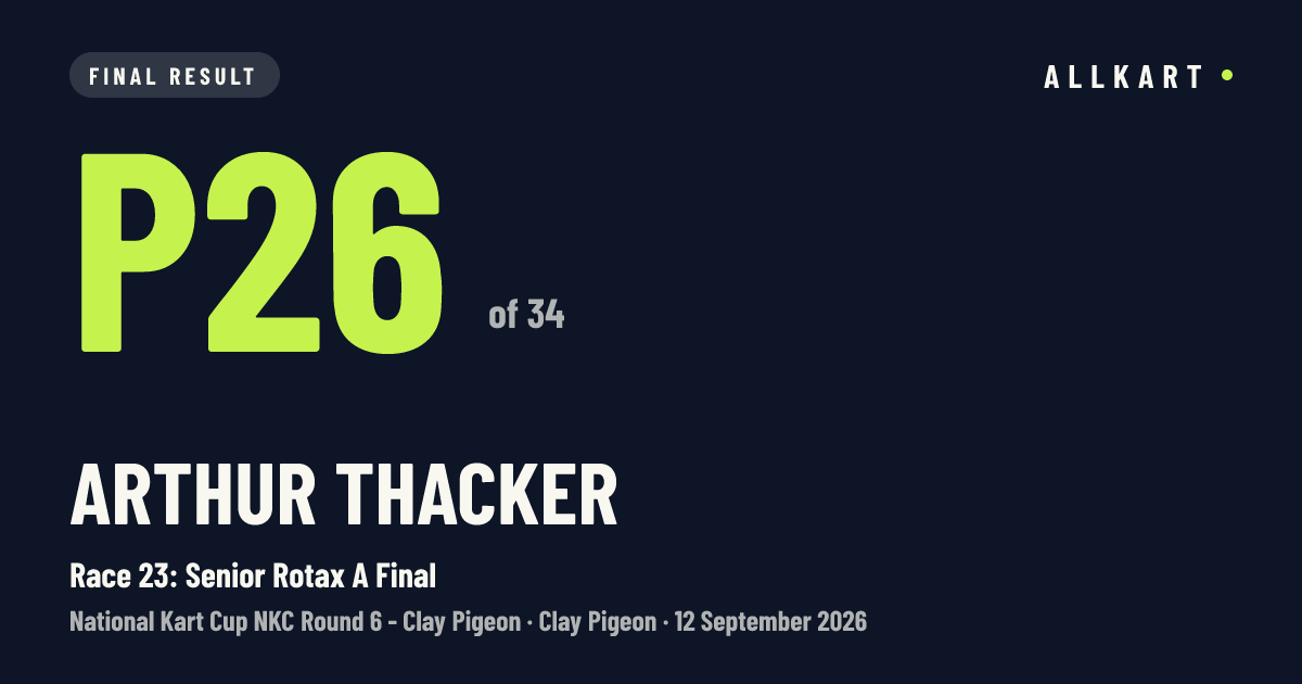 Arthur Thacker: P26 of 34 in Race 23: Senior Rotax A Final at Clay Pigeon