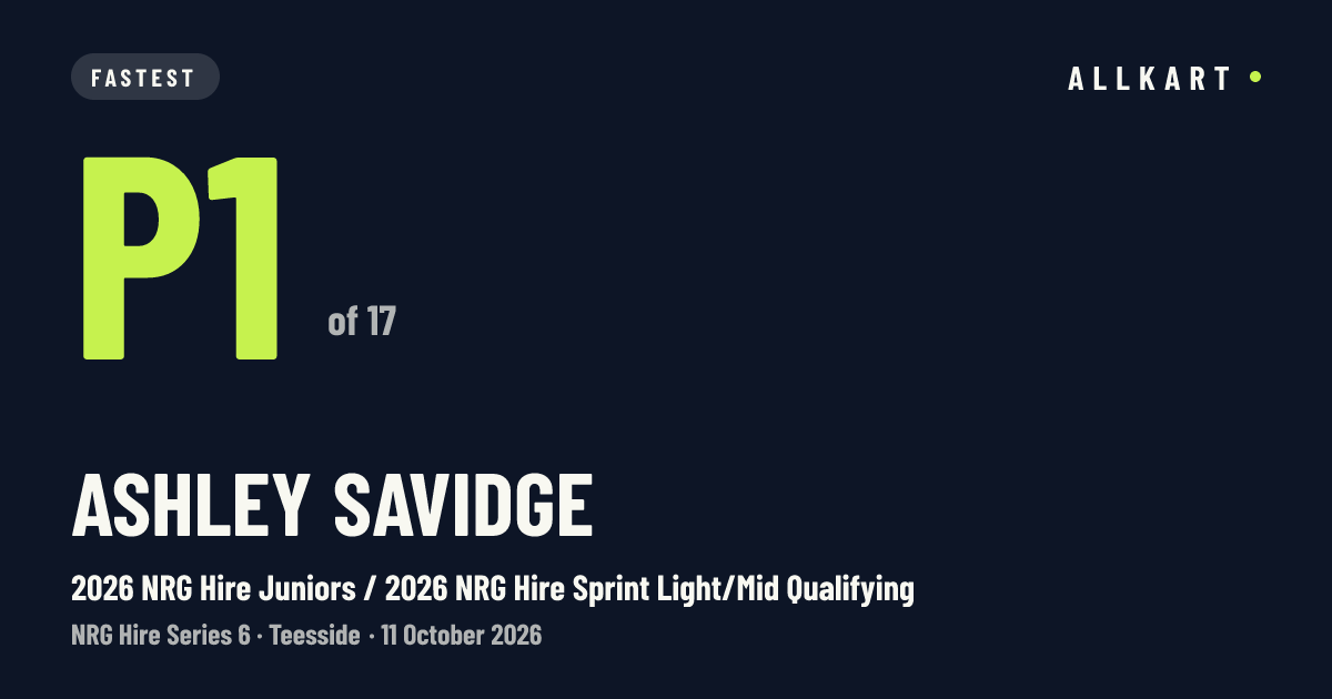 Ashley Savidge: P1 of 17 in 2026 NRG Hire Juniors / 2026 NRG Hire Sprint Light/Mid Qualifying at Teesside