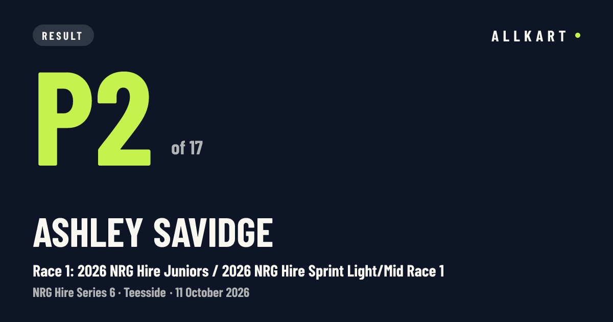 Ashley Savidge: P2 of 17 in Race 1: 2026 NRG Hire Juniors / 2026 NRG Hire Sprint Light/Mid Race 1 at Teesside