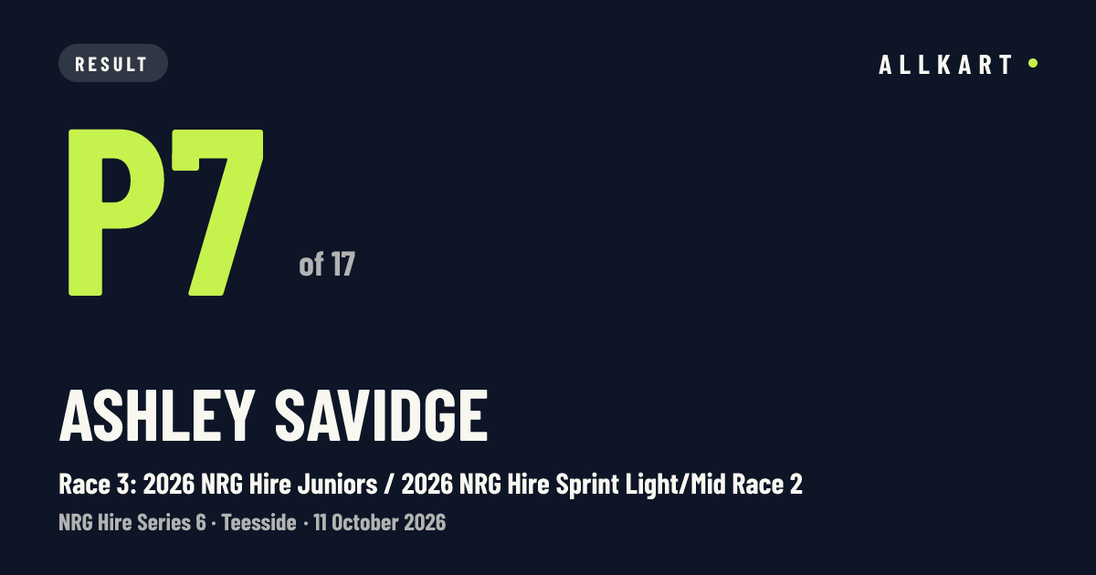 Ashley Savidge: P7 of 17 in Race 3: 2026 NRG Hire Juniors / 2026 NRG Hire Sprint Light/Mid Race 2 at Teesside