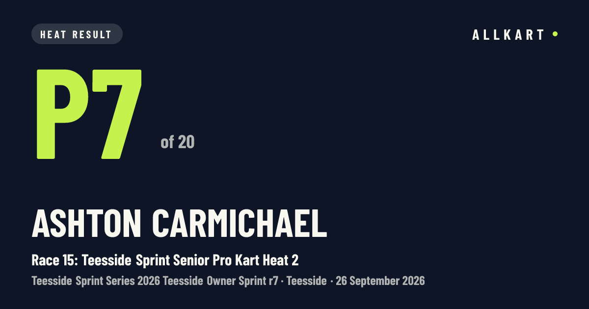 Ashton Carmichael: P7 of 20 in Race 15: Teesside Sprint Senior Pro Kart Heat 2 at Teesside