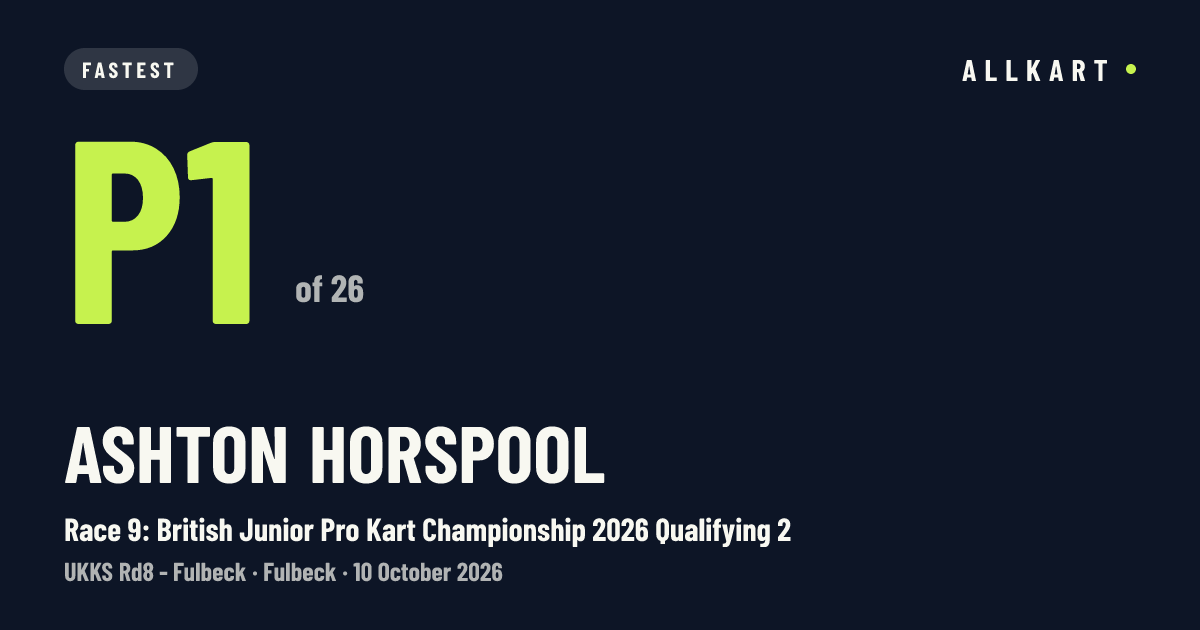 Ashton Horspool: P1 of 26 in Race 9: British Junior Pro Kart Championship 2026 Qualifying 2 at Fulbeck