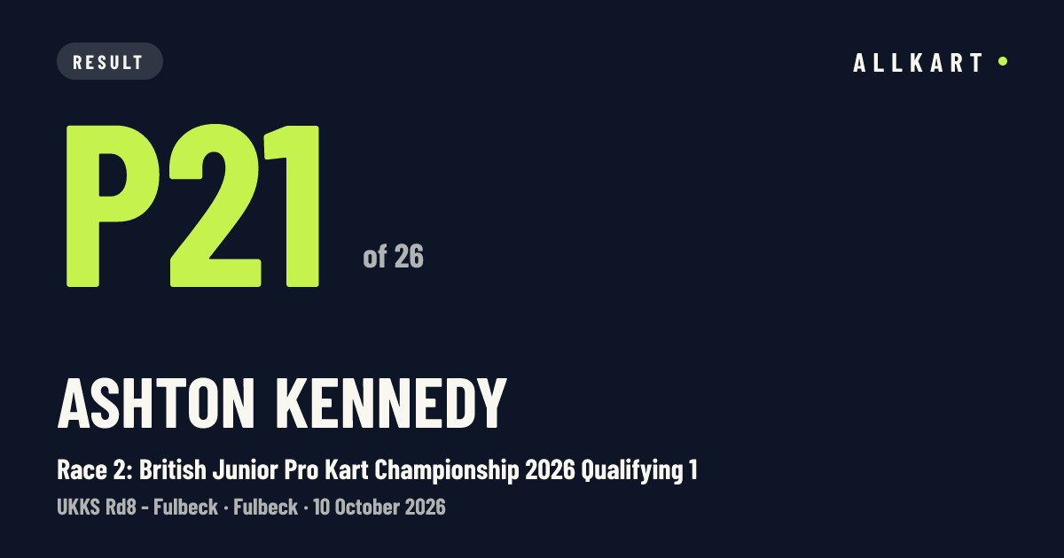 Ashton Kennedy: P21 of 26 in Race 2: British Junior Pro Kart Championship 2026 Qualifying 1 at Fulbeck