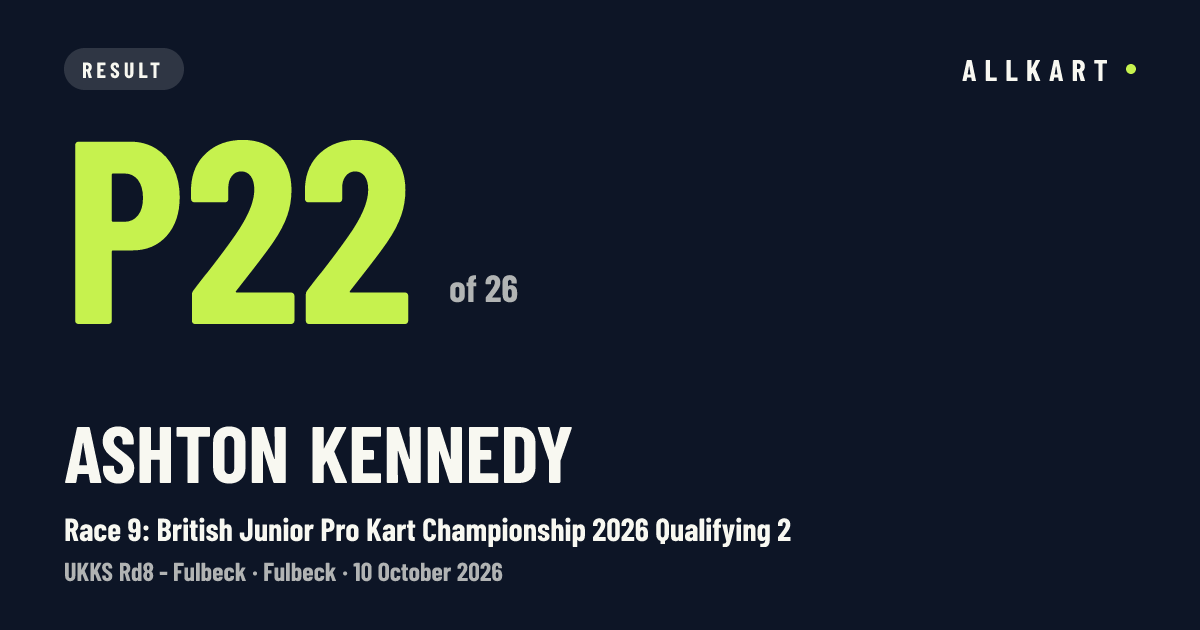Ashton Kennedy: P22 of 26 in Race 9: British Junior Pro Kart Championship 2026 Qualifying 2 at Fulbeck