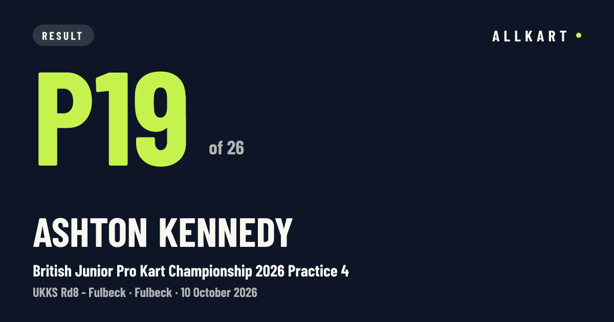 Ashton Kennedy: P19 of 26 in British Junior Pro Kart Championship 2026 Practice 4 at Fulbeck
