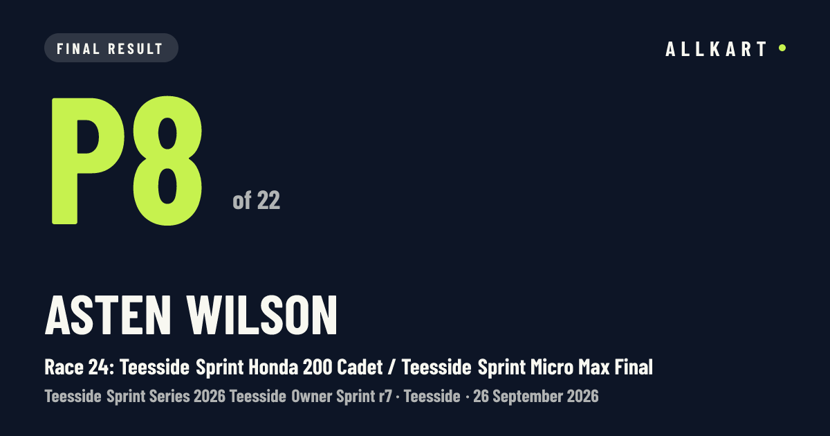 Asten Wilson: P8 of 22 in Race 24: Teesside Sprint Honda 200 Cadet / Teesside Sprint Micro Max Final at Teesside