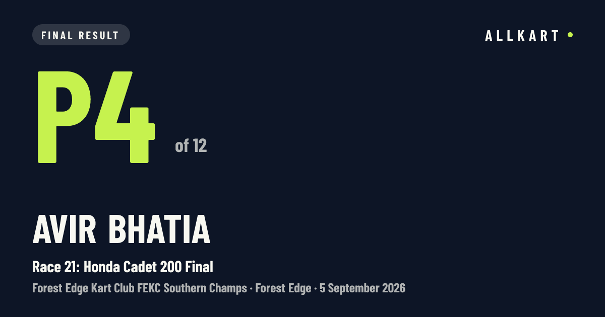 Avir Bhatia: P4 of 12 in Race 21: Honda Cadet 200 Final at Forest Edge