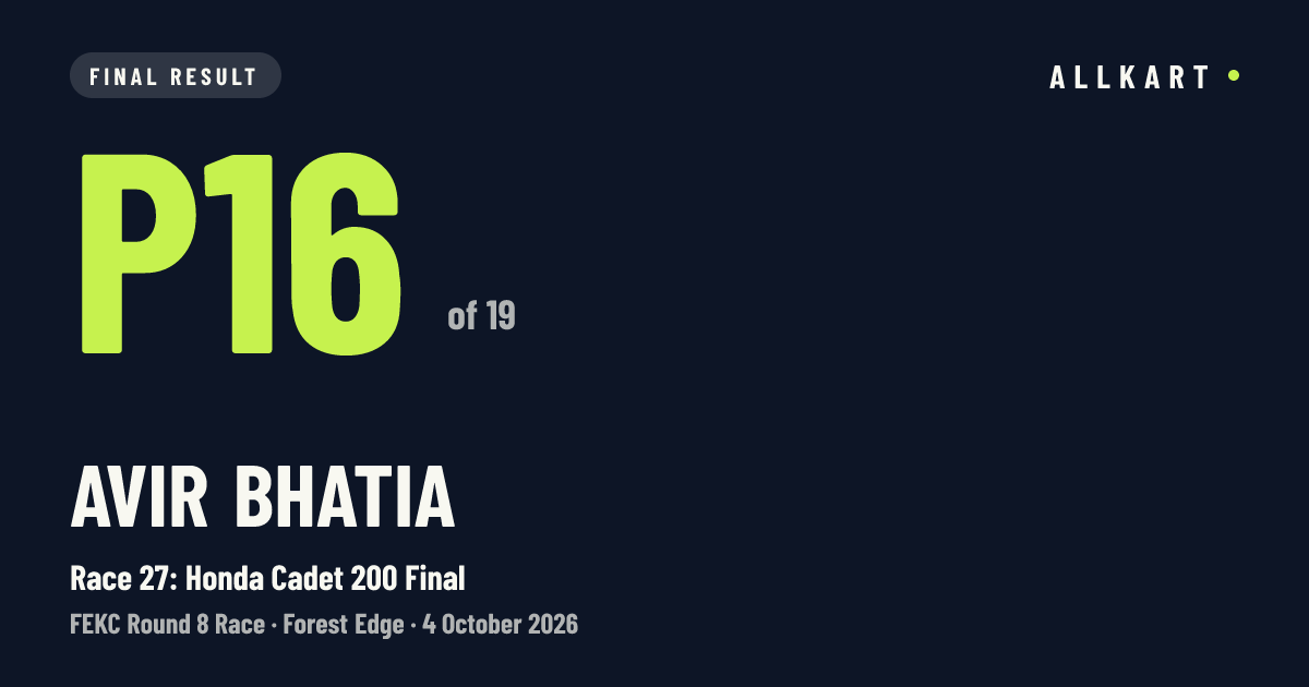 Avir Bhatia: P16 of 19 in Race 27: Honda Cadet 200 Final at Forest Edge