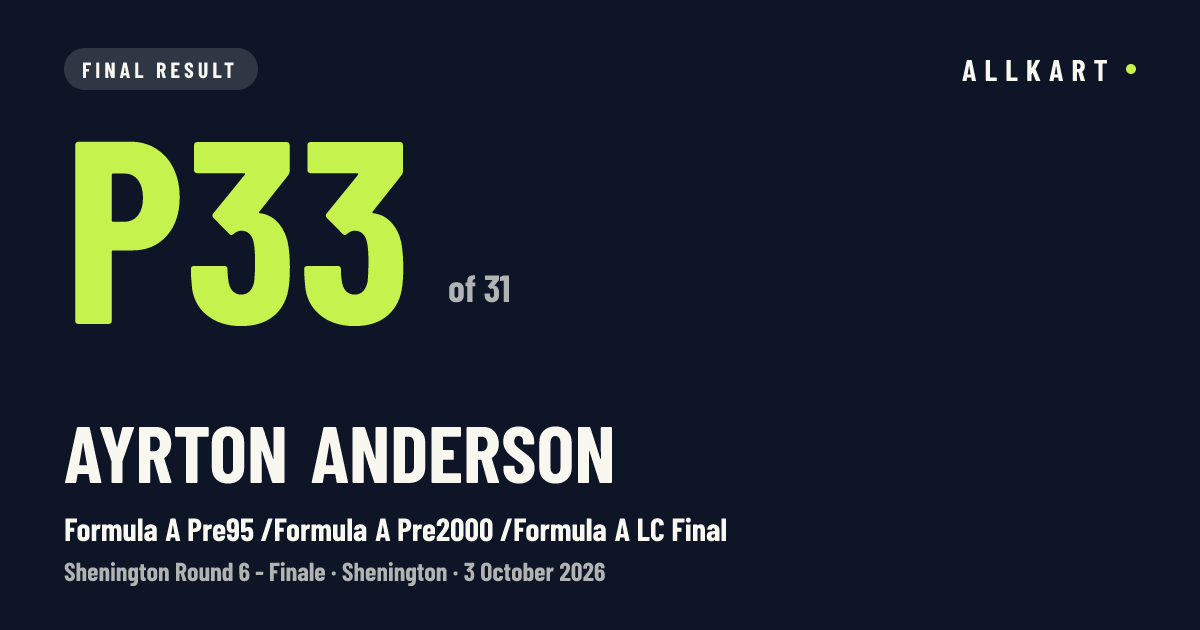 Ayrton Anderson: P33 of 31 in Formula A Pre95 /Formula A Pre2000 /Formula A LC Final at Shenington