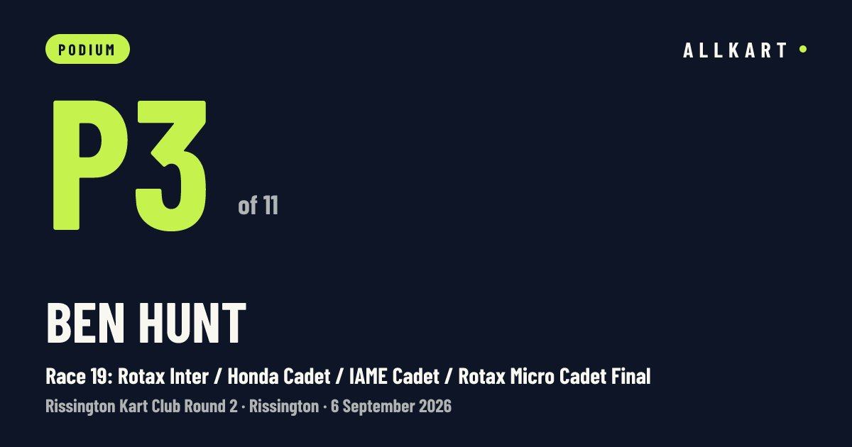 Ben Hunt: P3 of 11 in Race 19: Rotax Inter / Honda Cadet / IAME Cadet / Rotax Micro Cadet Final at Rissington