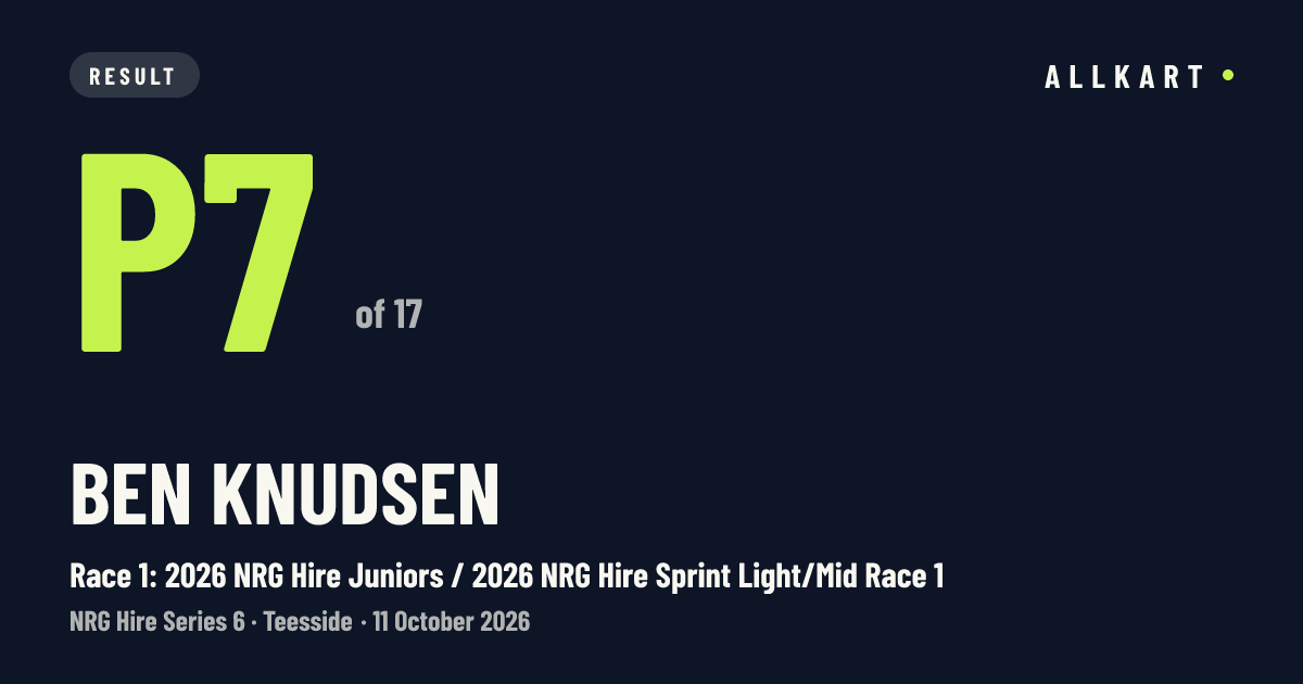 Ben Knudsen: P7 of 17 in Race 1: 2026 NRG Hire Juniors / 2026 NRG Hire Sprint Light/Mid Race 1 at Teesside