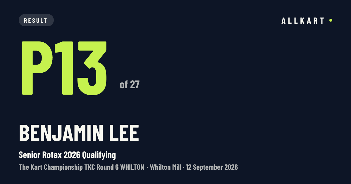 Benjamin Lee: P13 of 27 in Senior Rotax 2026 Qualifying at Whilton Mill