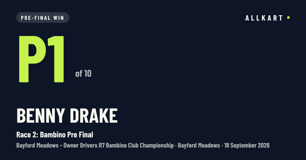 Benny Drake: P1 of 10 in Race 2: Bambino Pre Final at Bayford Meadows