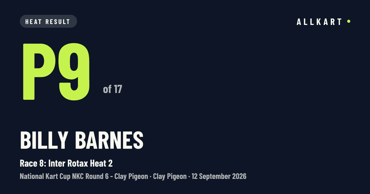 Billy Barnes: P9 of 17 in Race 8: Inter Rotax Heat 2 at Clay Pigeon