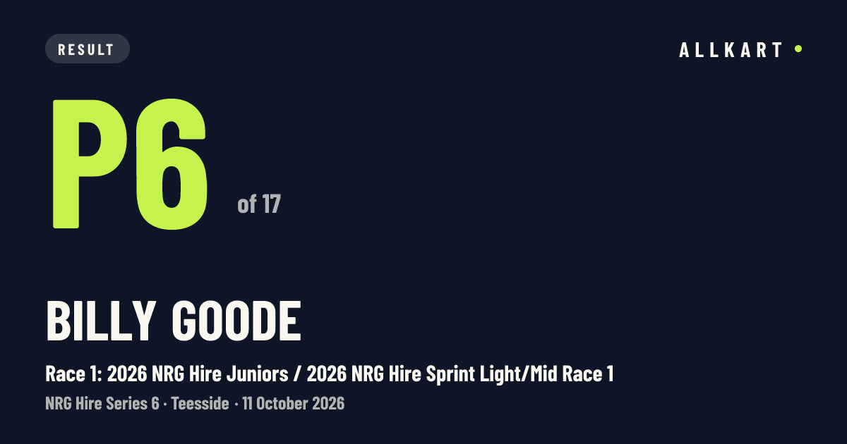 Billy Goode: P6 of 17 in Race 1: 2026 NRG Hire Juniors / 2026 NRG Hire Sprint Light/Mid Race 1 at Teesside