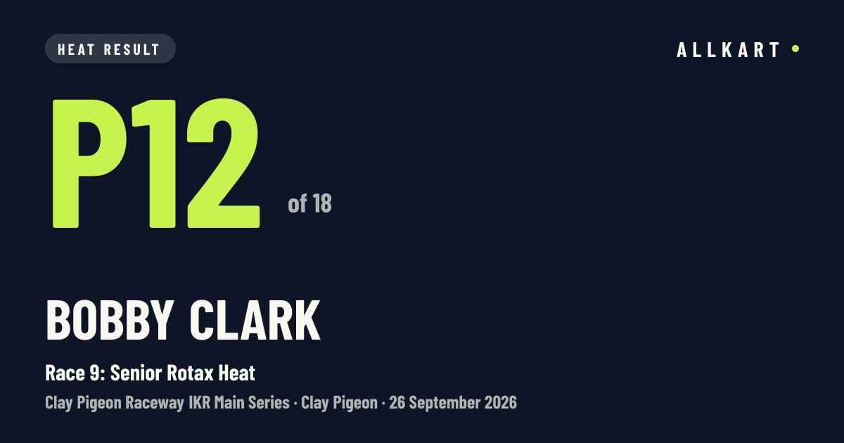 Bobby Clark: P12 of 18 in Race 9: Senior Rotax Heat at Clay Pigeon