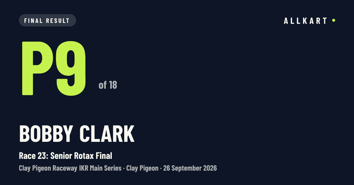 Bobby Clark: P9 of 18 in Race 23: Senior Rotax Final at Clay Pigeon