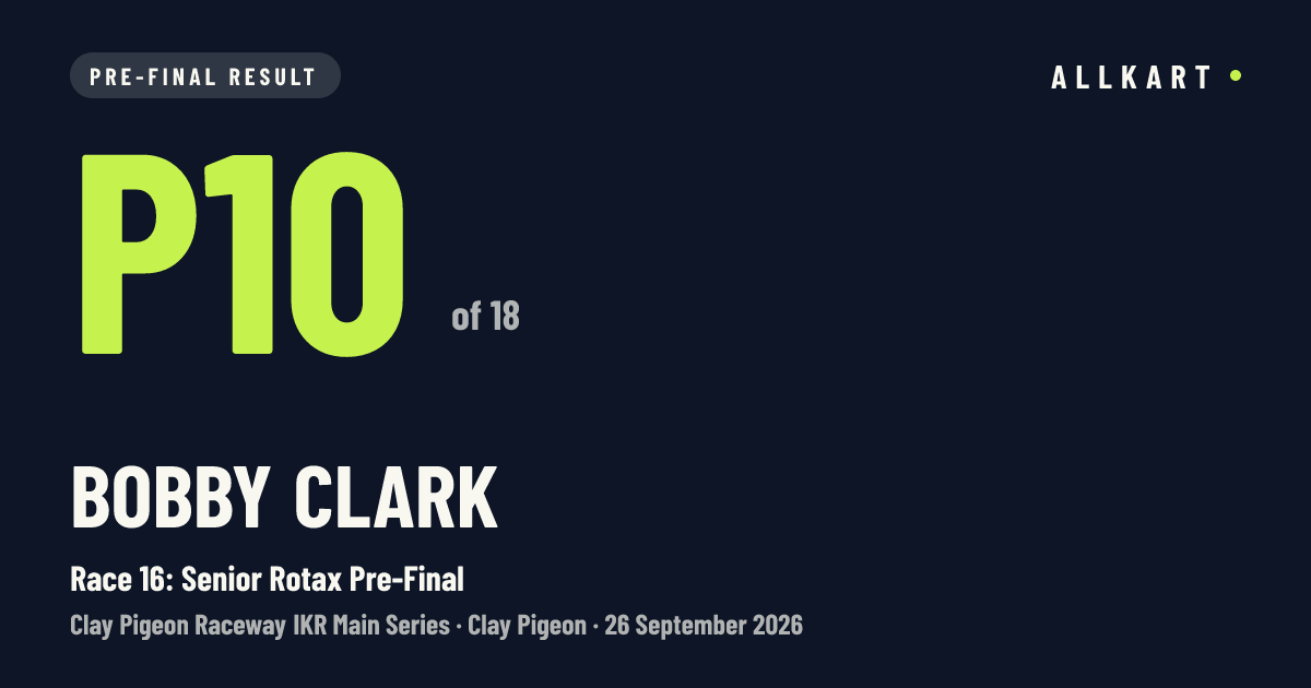 Bobby Clark: P10 of 18 in Race 16: Senior Rotax Pre-Final at Clay Pigeon
