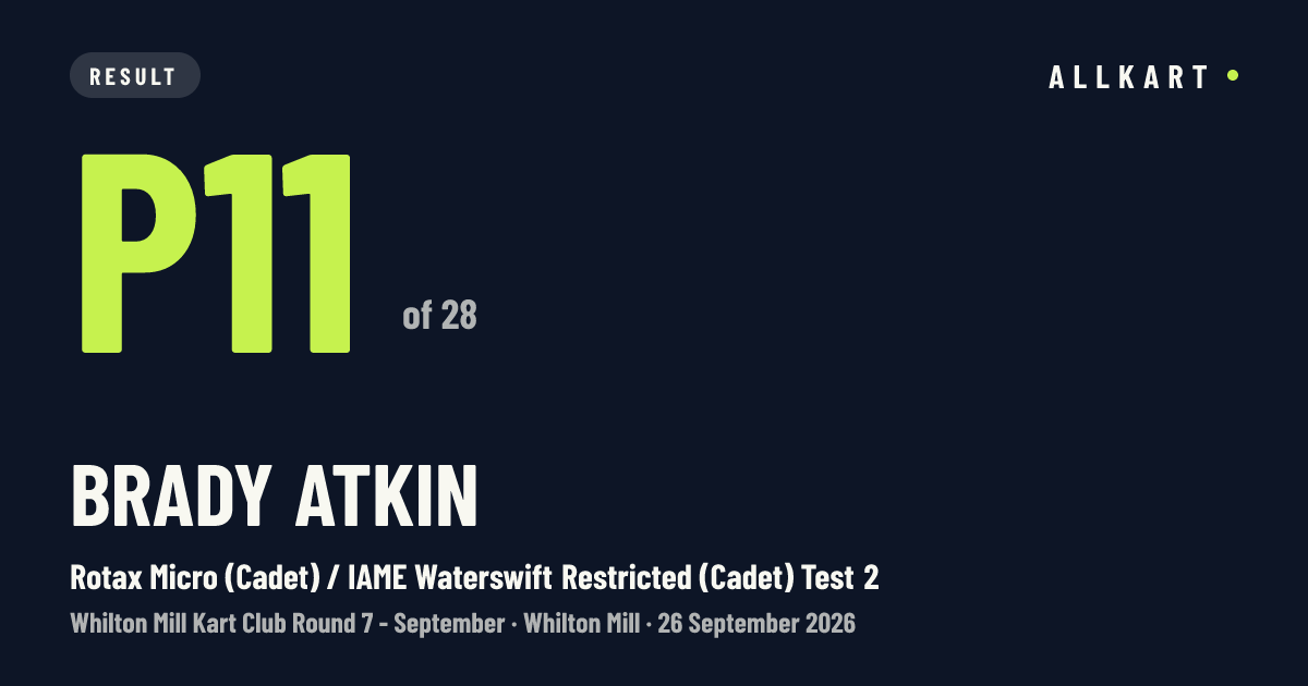 Brady ATKIN: P11 of 28 in Rotax Micro (Cadet) / IAME Waterswift Restricted (Cadet) Test 2 at Whilton Mill