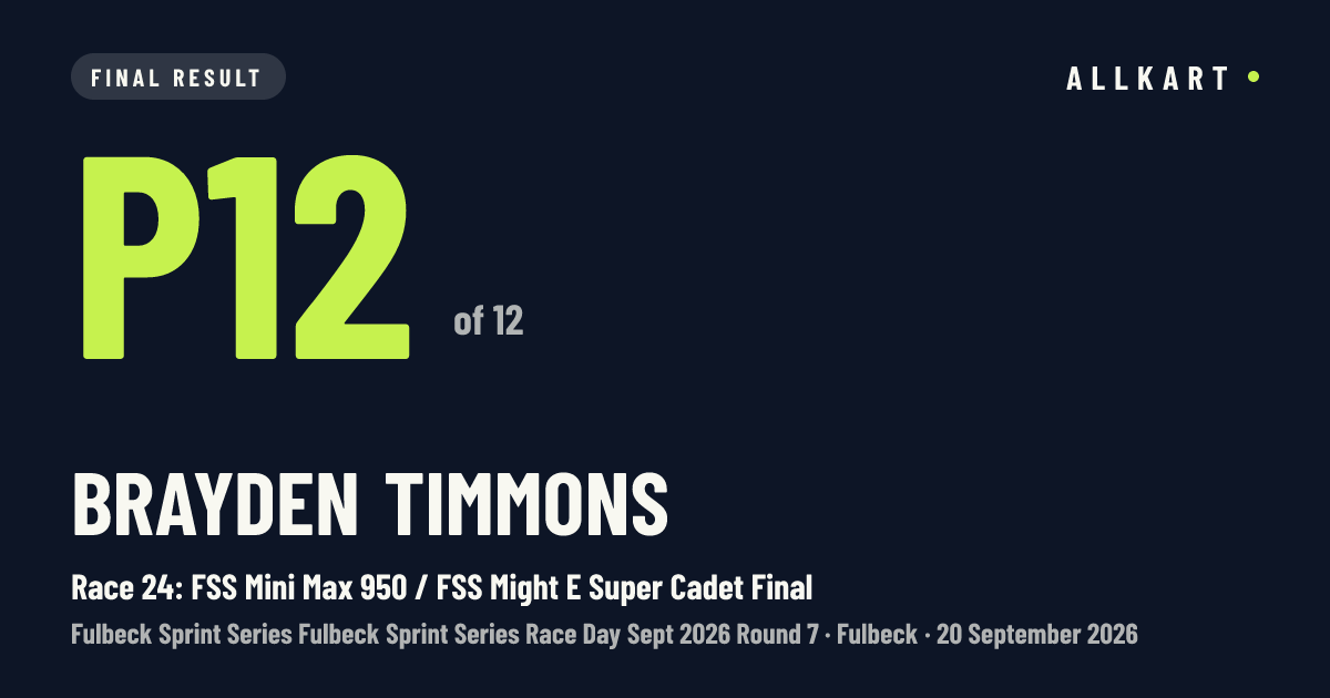 Brayden Timmons: P12 of 12 in Race 24: FSS Mini Max 950 / FSS Might E Super Cadet Final at Fulbeck