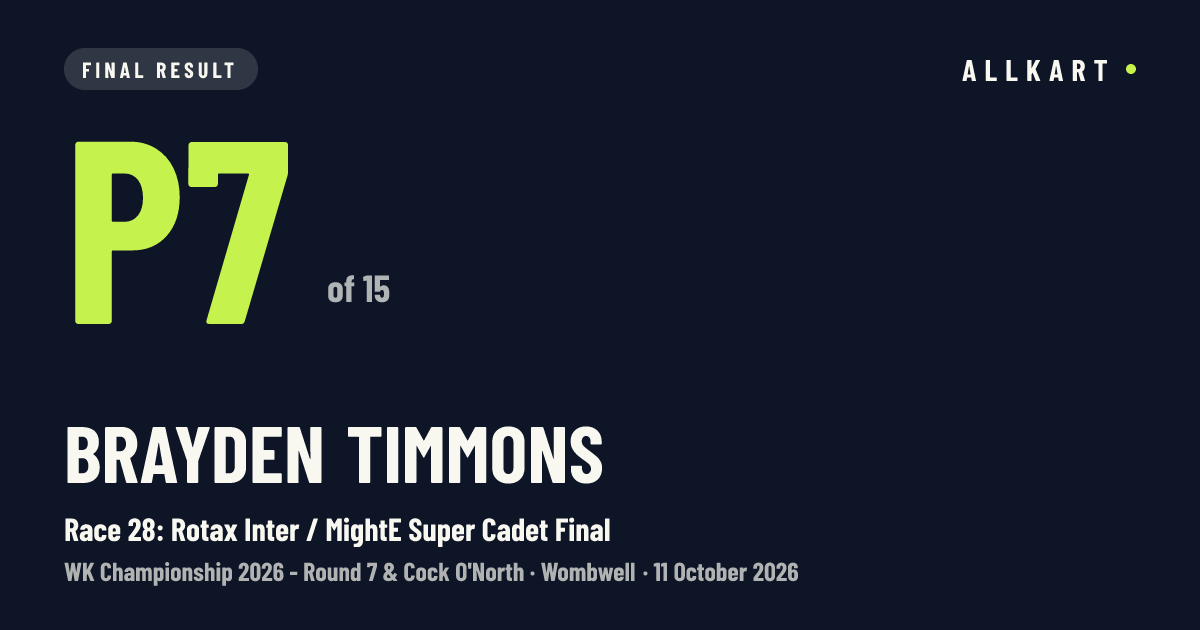 Brayden Timmons: P7 of 15 in Race 28: Rotax Inter / MightE Super Cadet Final at Wombwell