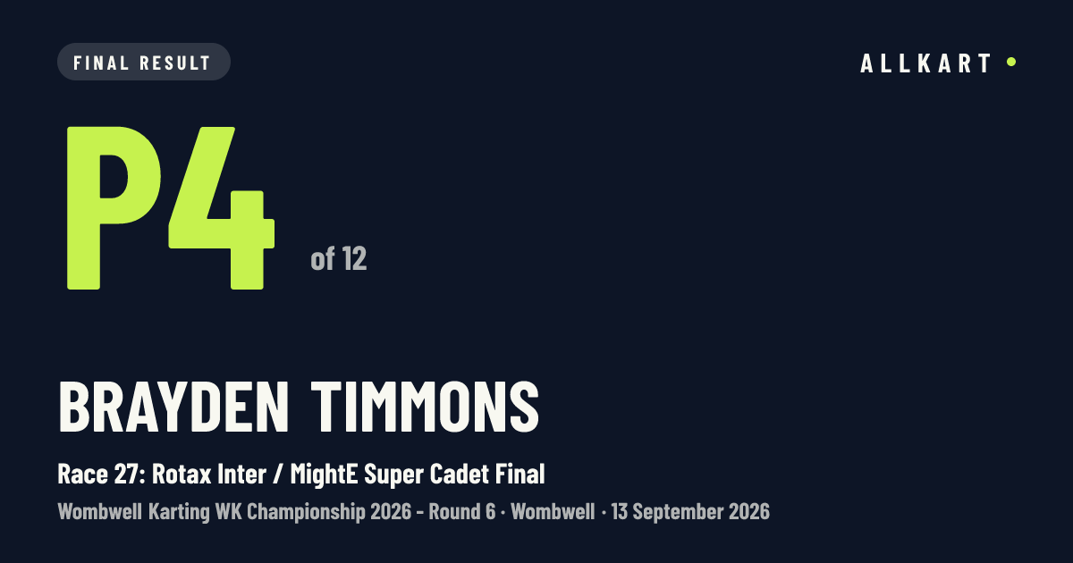 Brayden Timmons: P4 of 12 in Race 27: Rotax Inter / MightE Super Cadet Final at Wombwell