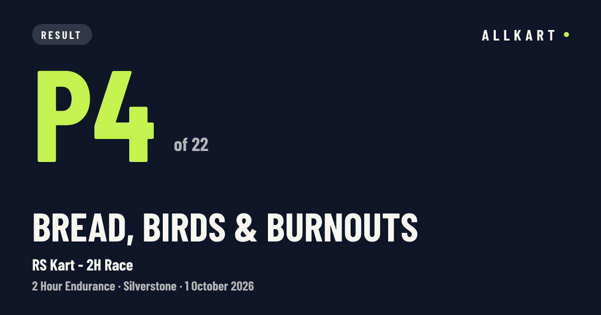 Bread, Birds & Burnouts: P4 of 22 in RS Kart - 2H Race at Silverstone