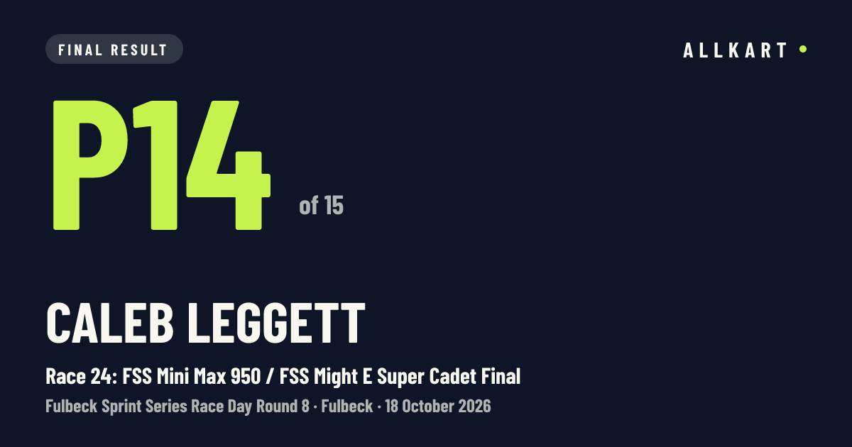 Caleb Leggett: P14 of 15 in Race 24: FSS Mini Max 950 / FSS Might E Super Cadet Final at Fulbeck