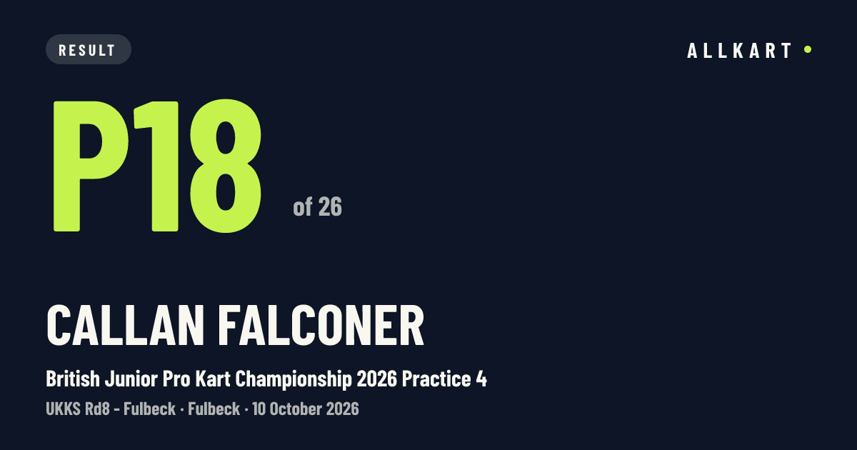 Callan Falconer: P18 of 26 in British Junior Pro Kart Championship 2026 Practice 4 at Fulbeck