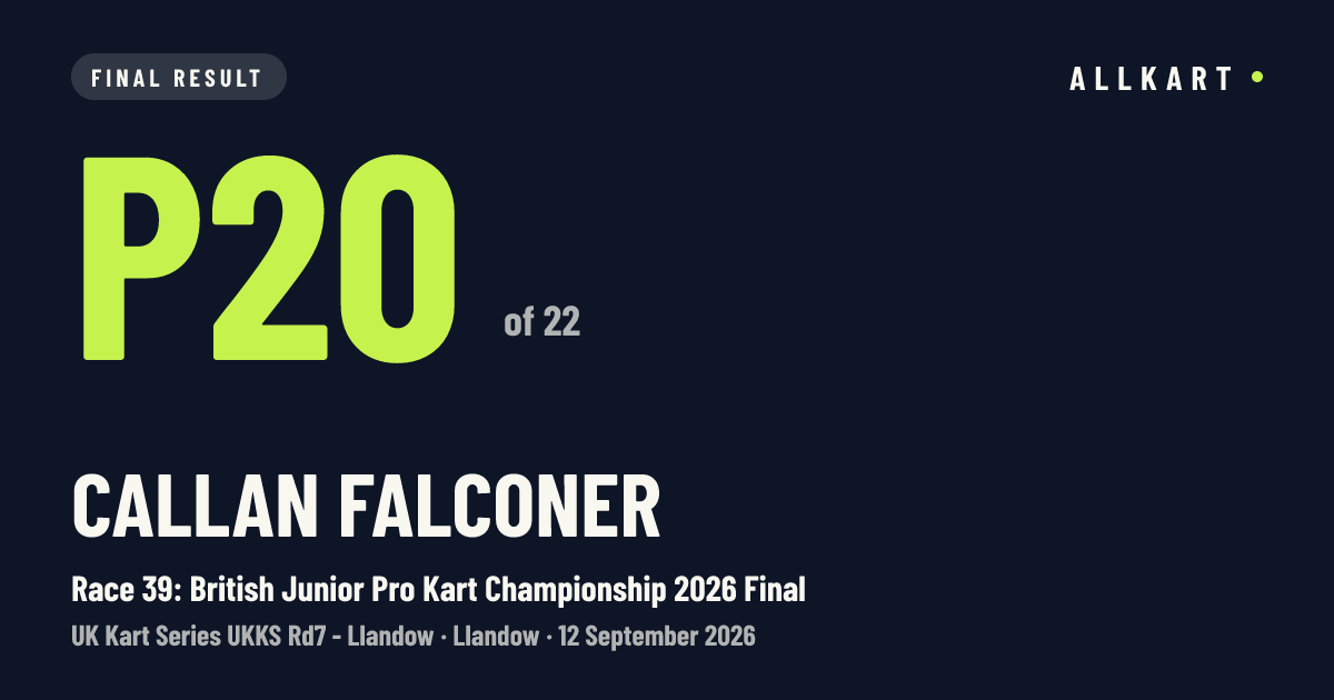 Callan Falconer: P20 of 22 in Race 39: British Junior Pro Kart Championship 2026 Final at Llandow